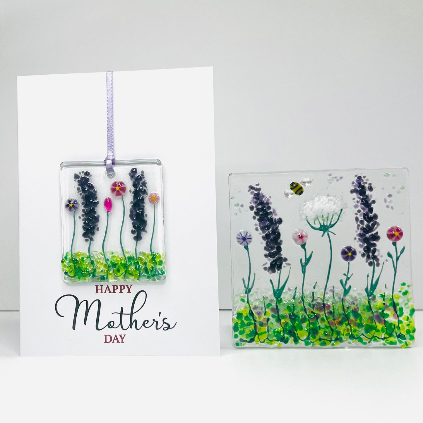 Mother’s Day Glass Gift Set – Fused Glass Floral Keepsake Card & Matching Tealight Holder