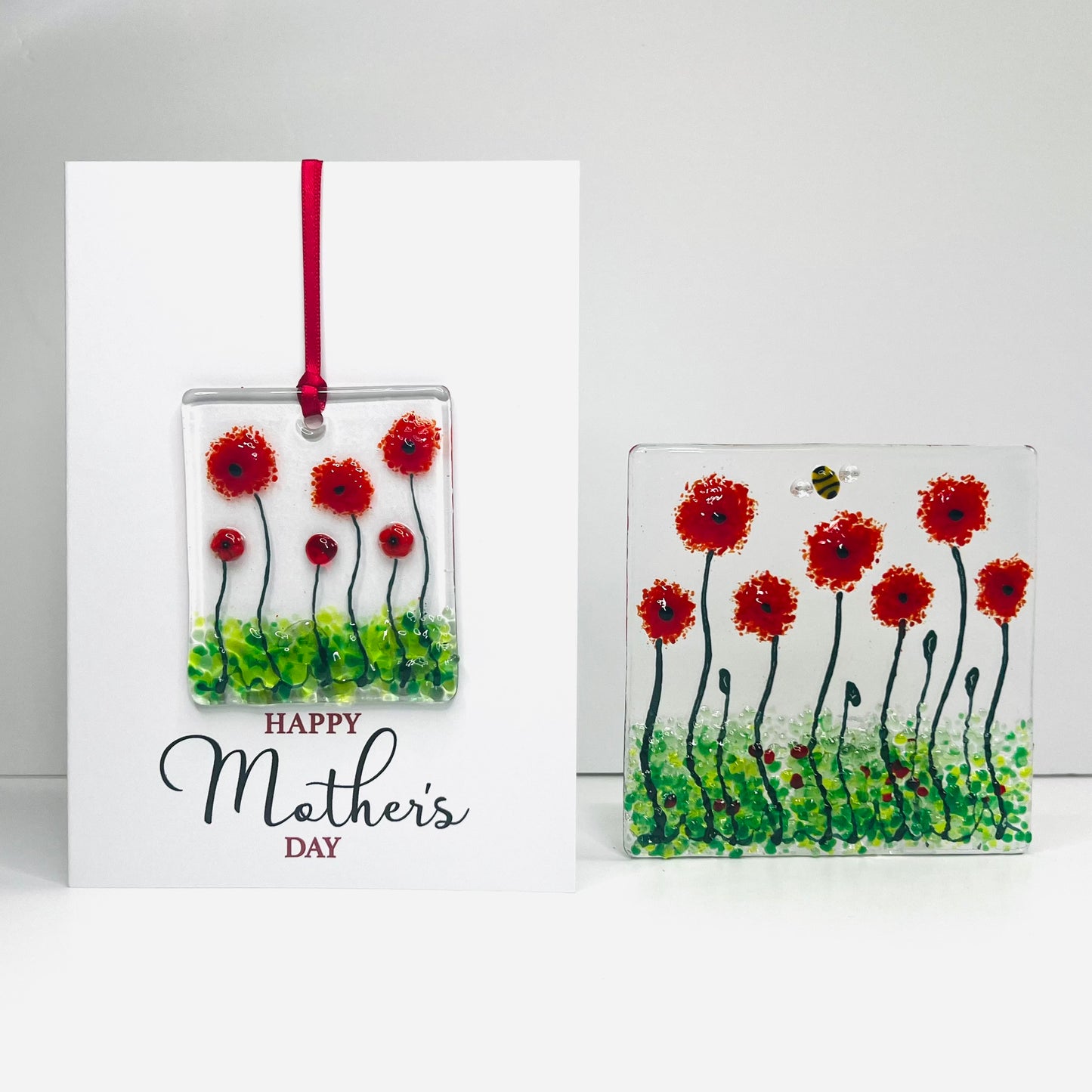Mother’s Day Glass Gift Set – Fused Glass Floral Keepsake Card & Matching Tealight Holder