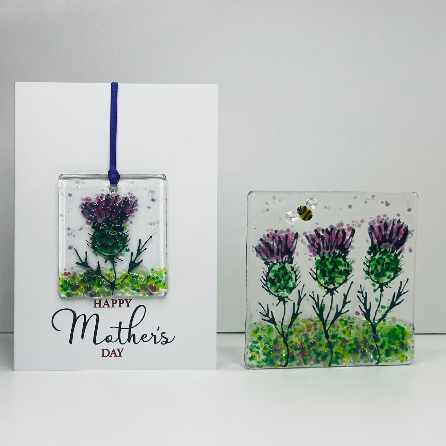 Mother’s Day Glass Gift Set – Fused Glass Floral Keepsake Card & Matching Tealight Holder