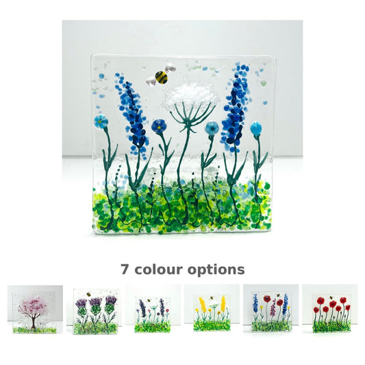 Handmade Fused Glass Tealight Holder – Wildflower Nature Design, 7 Colour Options