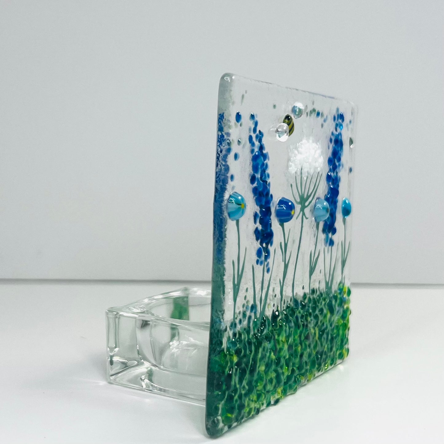 Blue & White Wild Meadow and bee Handmade Fused Glass Tealight Holder