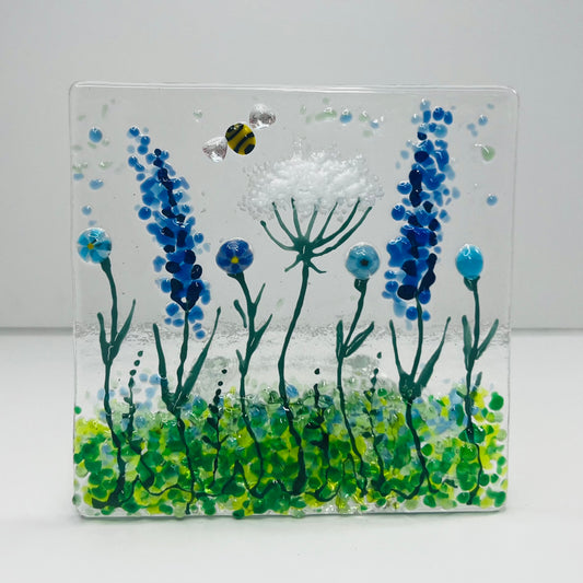 Blue & White Wild Meadow and bee Handmade Fused Glass Tealight Holder