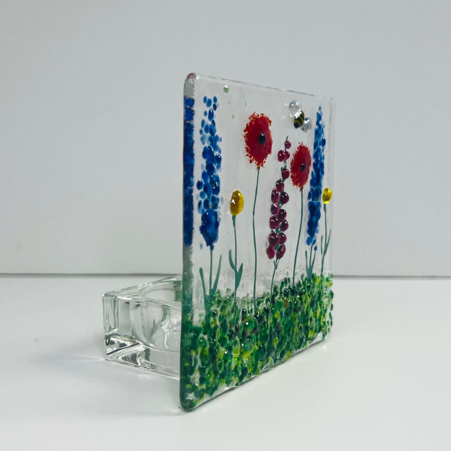 Multi Coloured Wild Meadow & Bee Handmade Fused Glass Tealight Holder