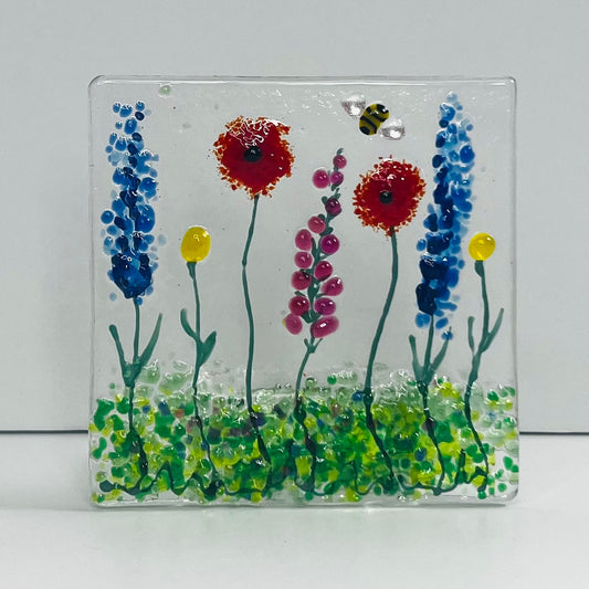 Multi Coloured Wild Meadow & Bee Handmade Fused Glass Tealight Holder