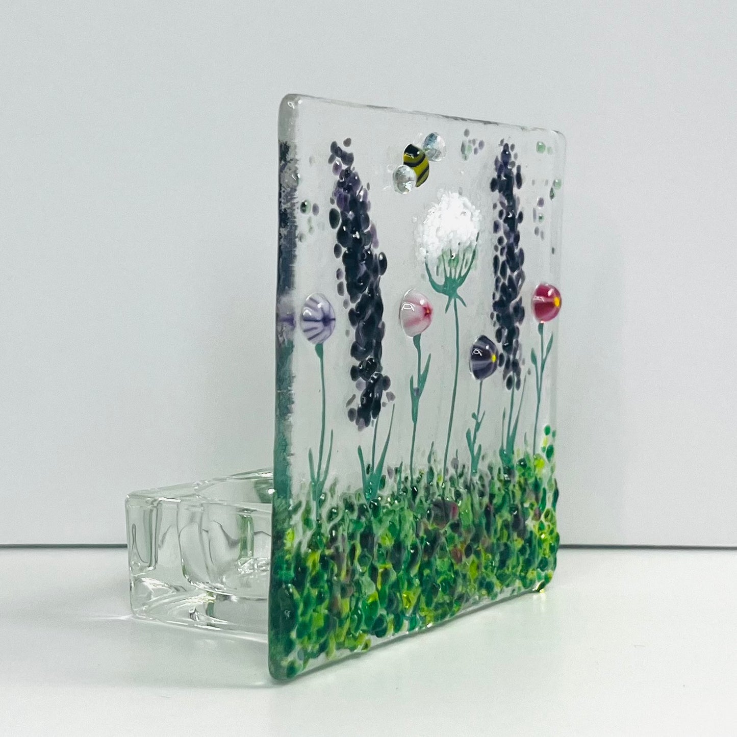 Purple & Pink Wild Meadow and bee Handmade Fused Glass Tealight Holder