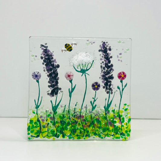 Purple & Pink Wild Meadow and bee Handmade Fused Glass Tealight Holder