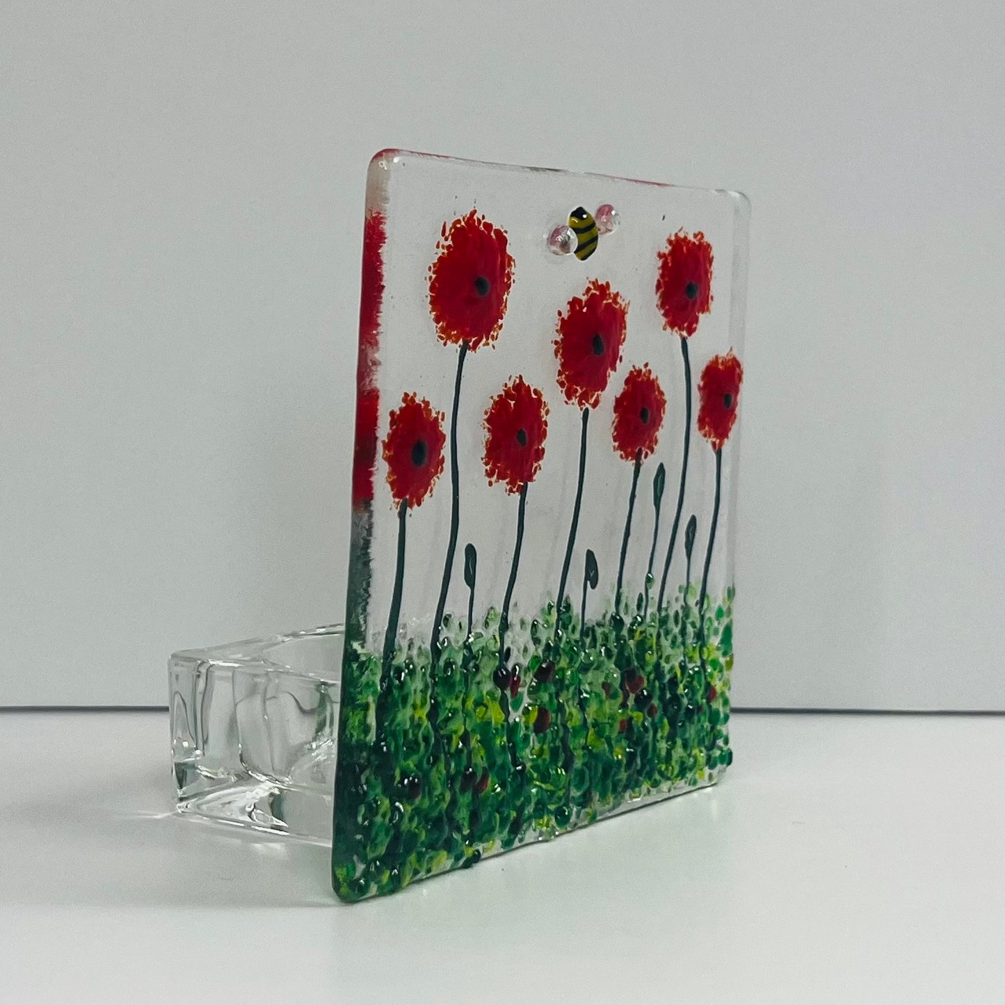 Red Poppy wild Meadow and bee Handmade Fused Glass Tealight Holder
