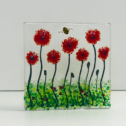 Red Poppy wild Meadow and bee Handmade Fused Glass Tealight Holder