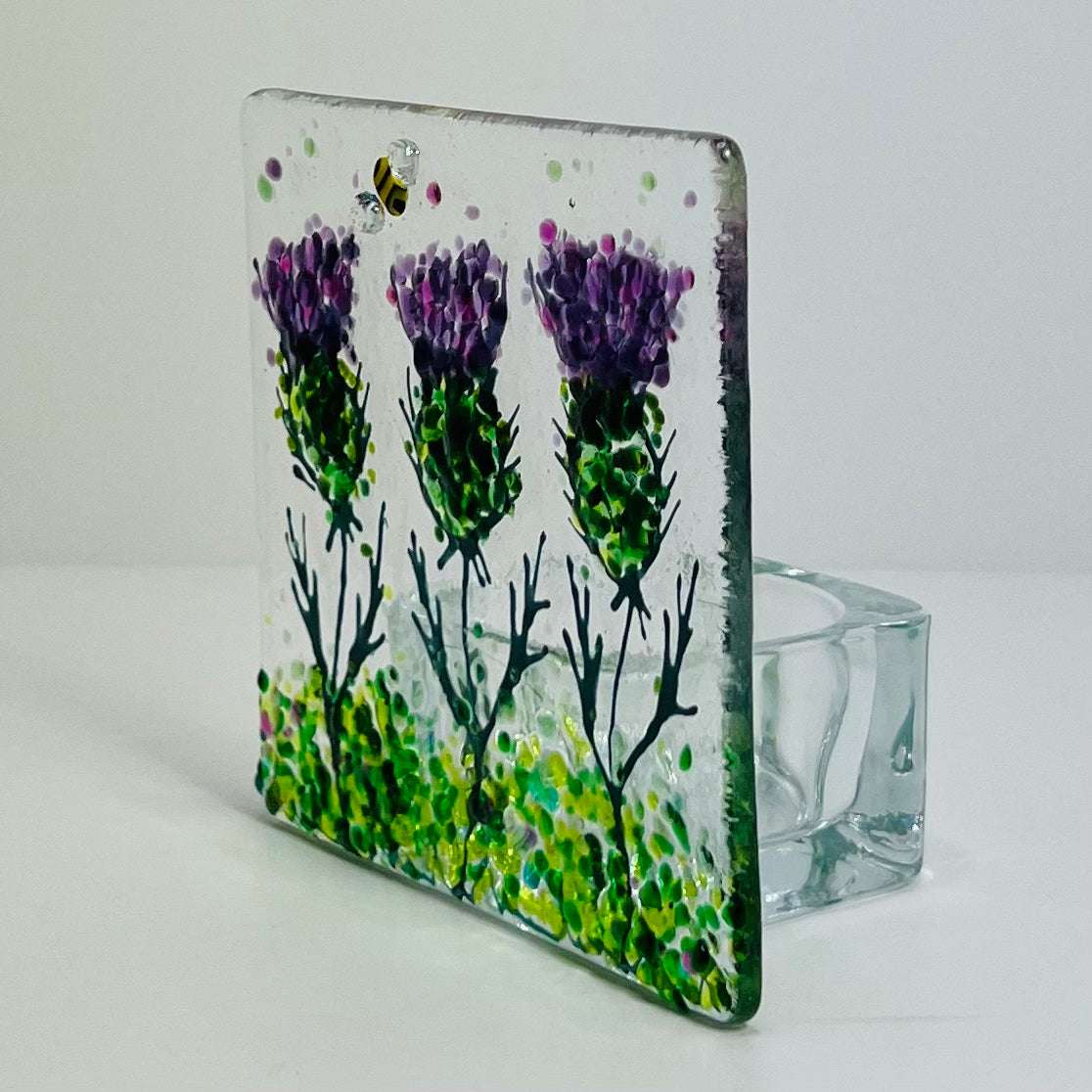 Handmade Fused Glass Tealight Holder – Wildflower Nature Design, 7 Colour Options