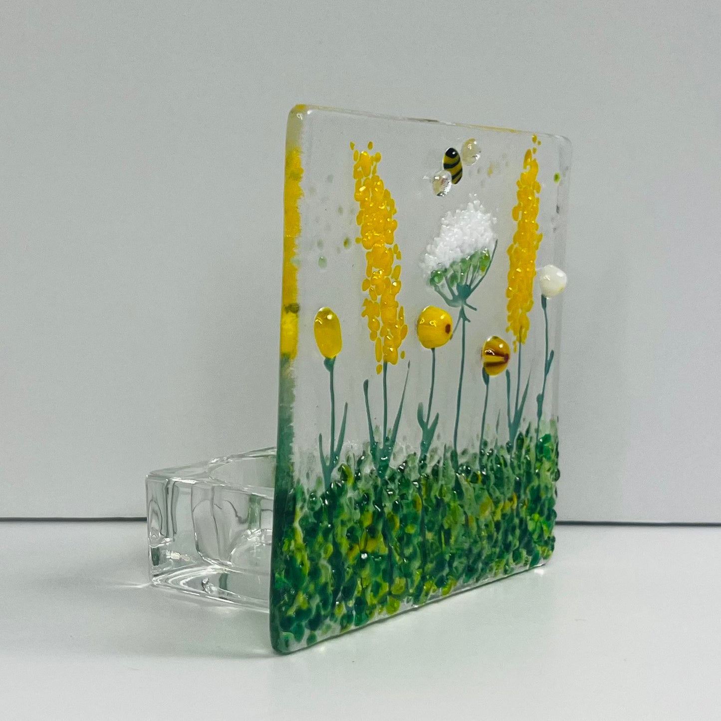 Yellow & White Wild Meadow and bee Handmade Fused Glass Tealight Holder
