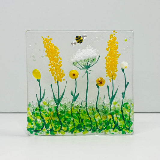 Yellow & White Wild Meadow and bee Handmade Fused Glass Tealight Holder
