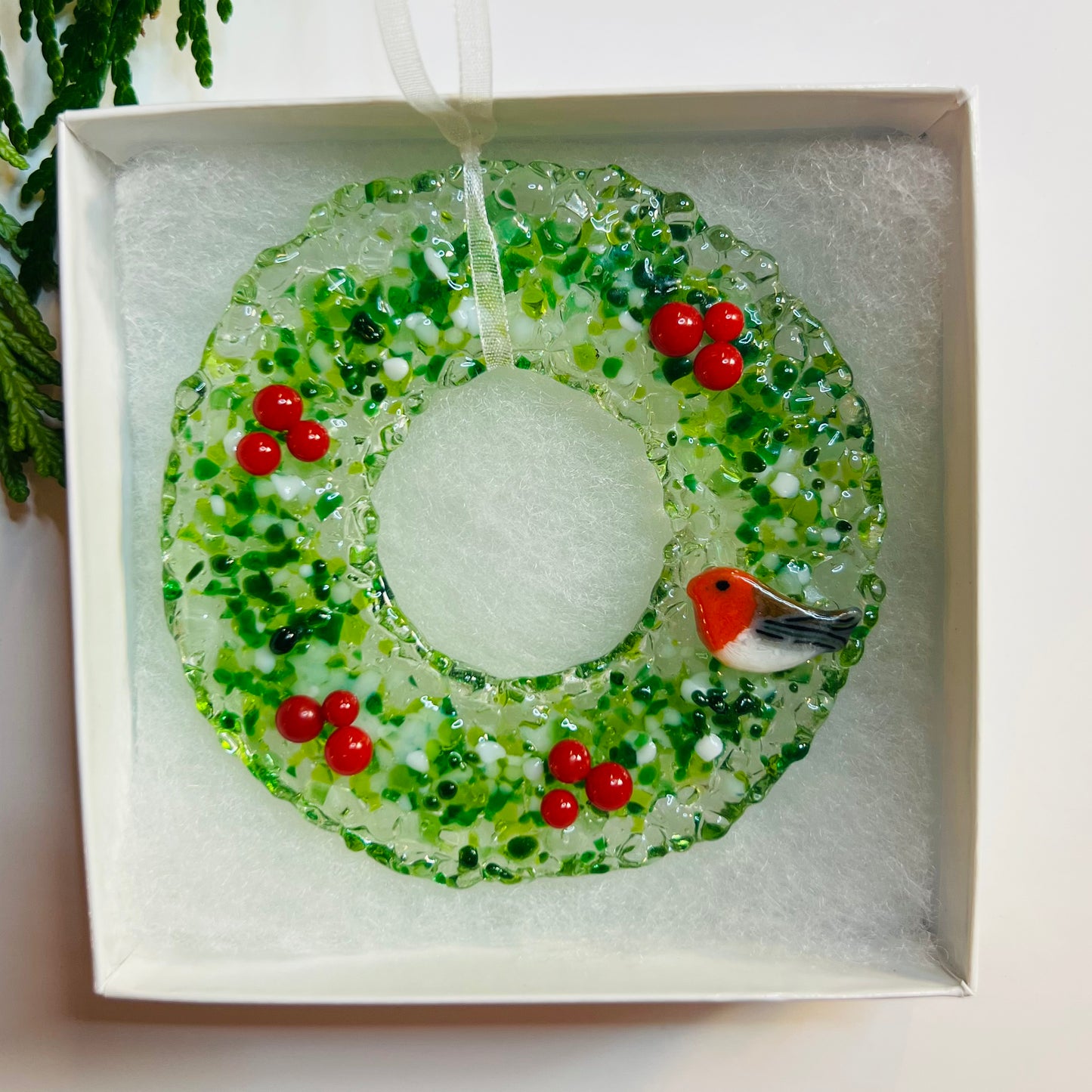 Handmade Fused Glass Robin Christmas Wreath Decoration