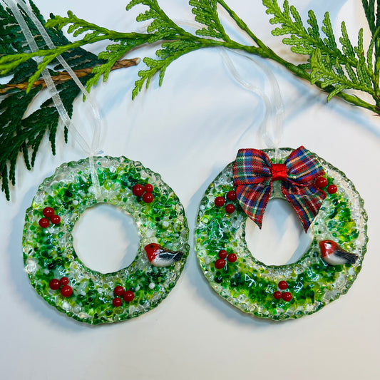 Handmade Fused Glass Robin Christmas Wreath Decoration