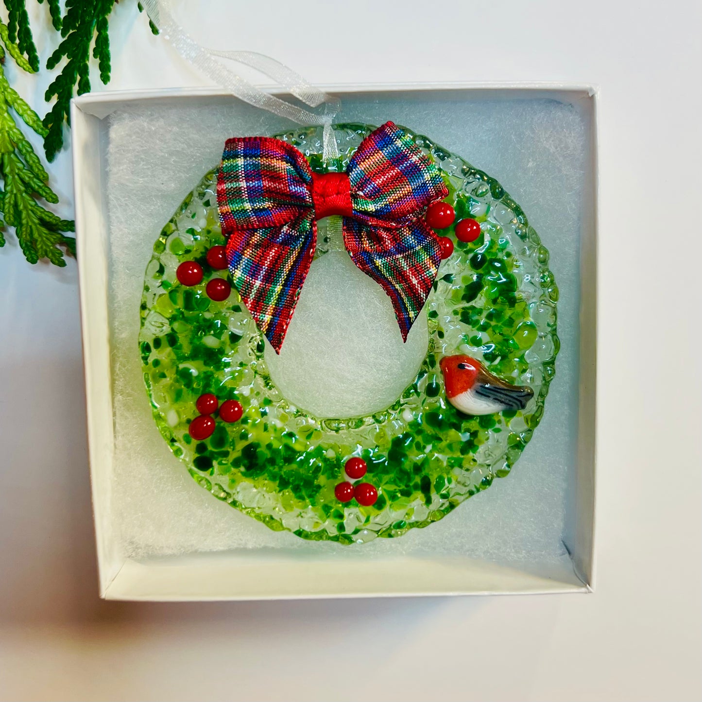 Handmade Fused Glass Robin Christmas Wreath Decoration