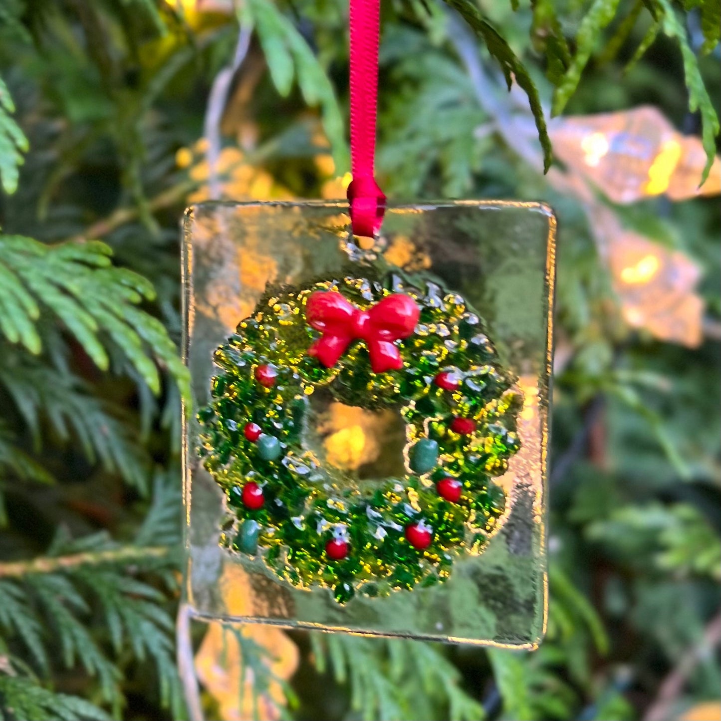 Merry Christmas Friend card with detachable handmade glass holly wreath decoration