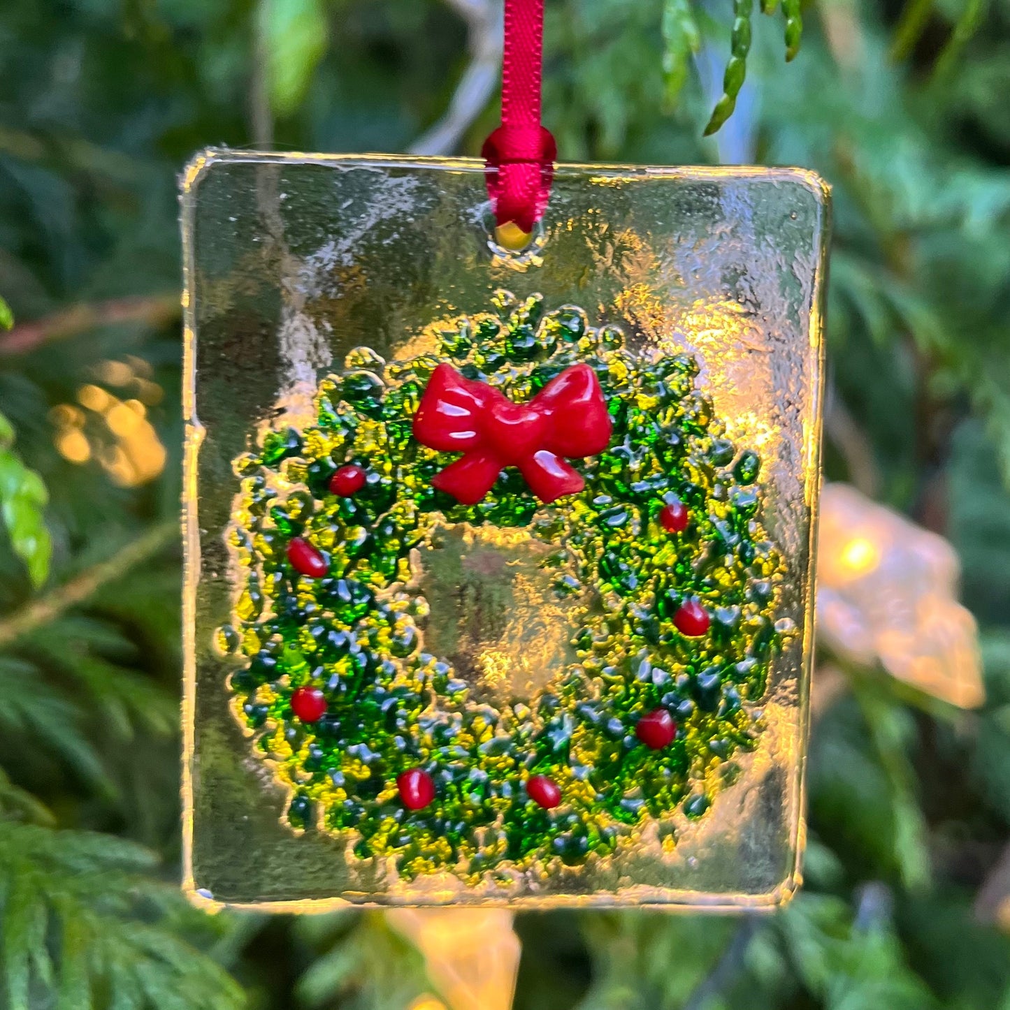 Merry Christmas Friend card with detachable handmade glass holly wreath decoration