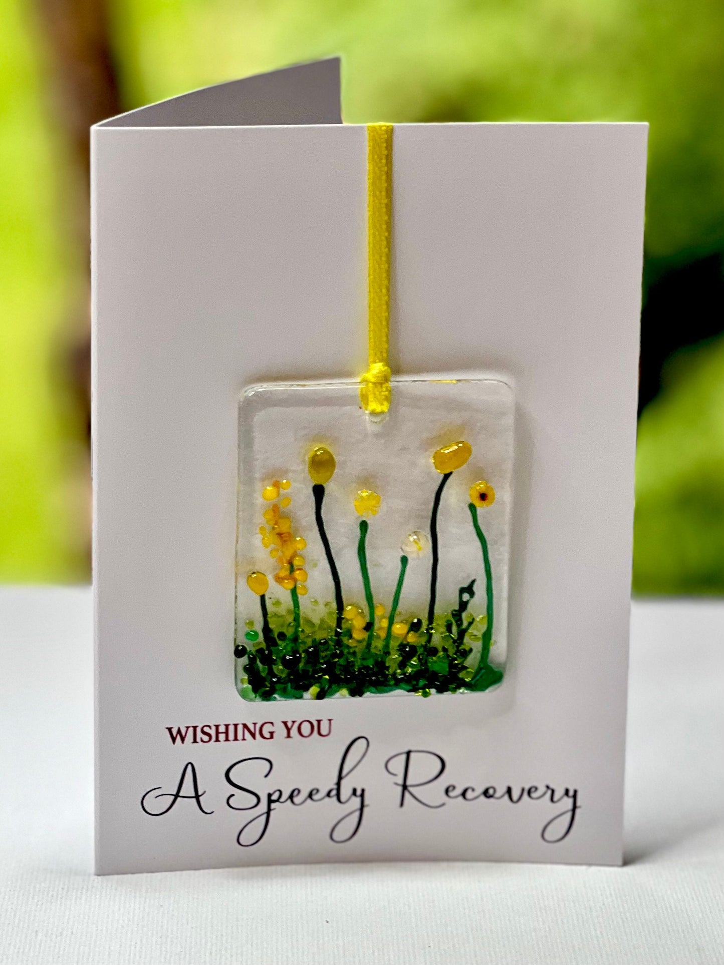 Speedy Recovery card with detachable handmade glass keepsake