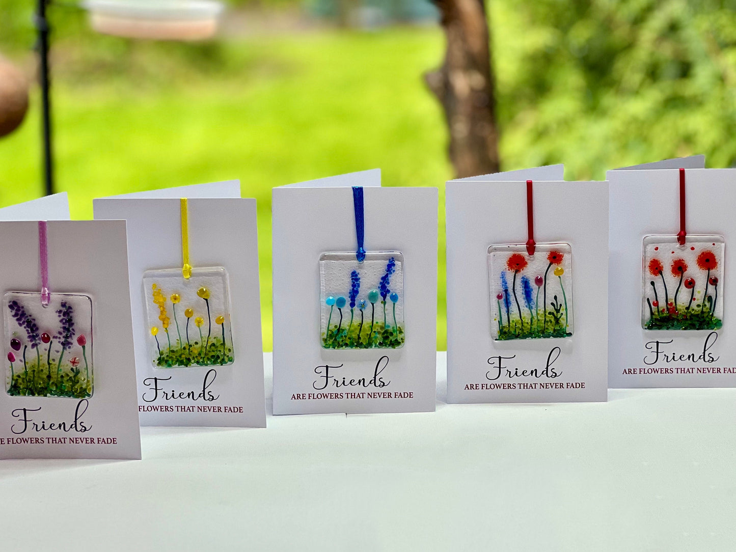 Friends Are Flowers That Never Fade card with detachable handmade glass keepsake
