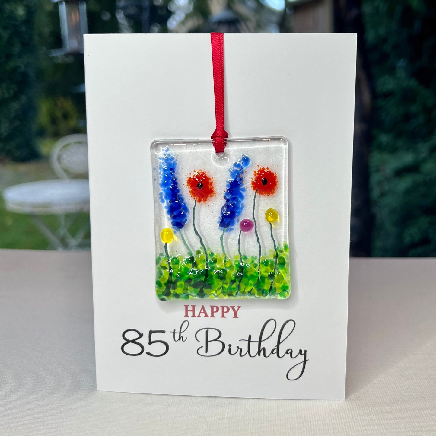 Happy 85th Birthday card with detachable handmade glass keepsake
